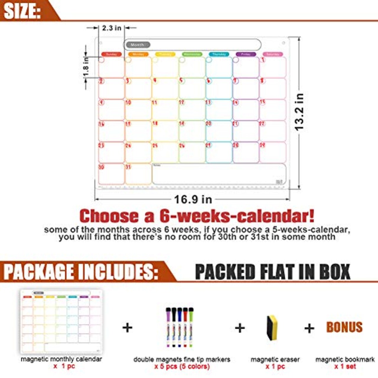 Dry Erase Calendar Kit Magnetic Refrigerator Calendar Monthly Whiteboard with Extra-Thick Magnet Fine Point Marker Eraser and Wall Hanging Holes